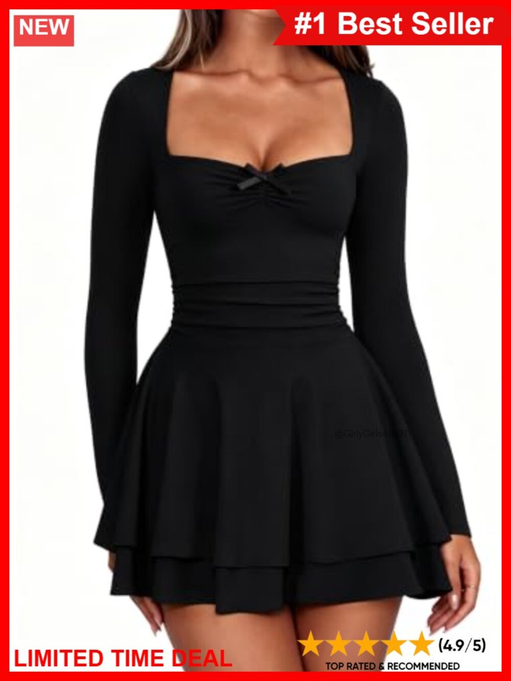 Long Sleeve Square Neck Tiered A-Line Mini Dress